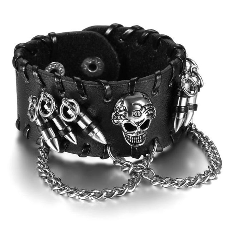 Awesome Punk Rock Black Wide Skull Leather Bracelet
