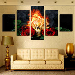 Red Rose And Fire Skull Canvas Wall Art