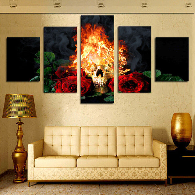 Red Rose And Fire Skull Canvas Wall Art
