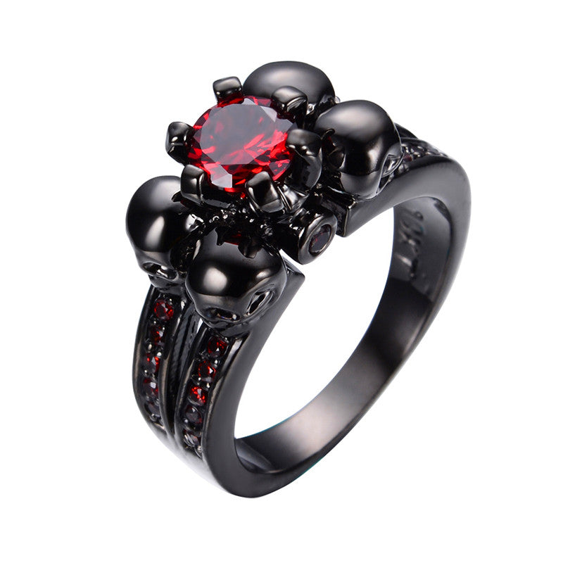 Skull Red Stone and Black Gold CZ Engagement Ring