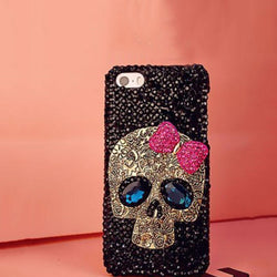 Cute Rhinestones and Metal Skull Pink Bow Hard Cover Phone Case For Apple iPhone