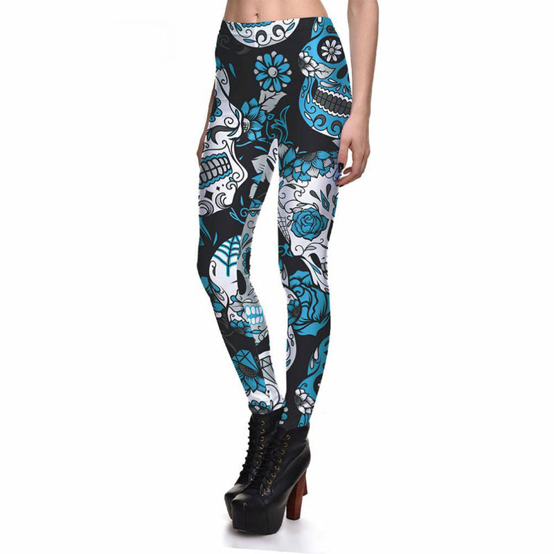 Women's Sexy Devilish Skull Blue Flowers Fitness Leggings