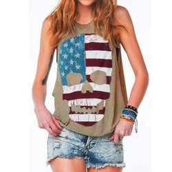 Women's Hot Skull Printed Sexy Sleeveless American Flag T-Shirt