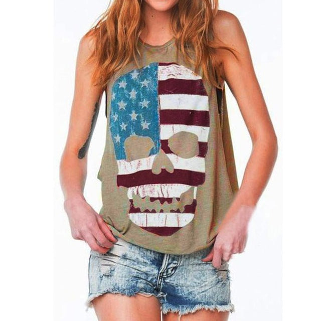 Women's Hot Skull Printed Sexy Sleeveless American Flag T-Shirt